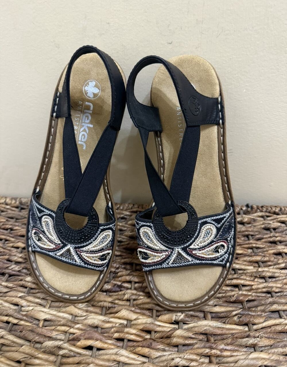 Rieker Regina Sandals Womens 38 Casual Open Toe Stretch Slingback Black 7.5/8